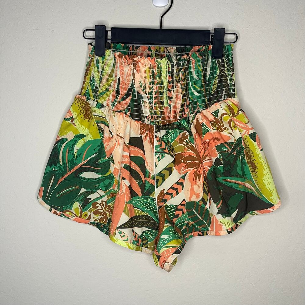 Aerie Offline Real Me Tropical Print Smocked Shorts Lined Green - Size M